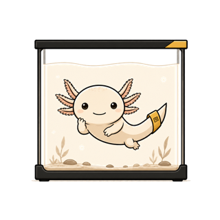 Apt, the Aptarium axolotl, at home in a glass tank